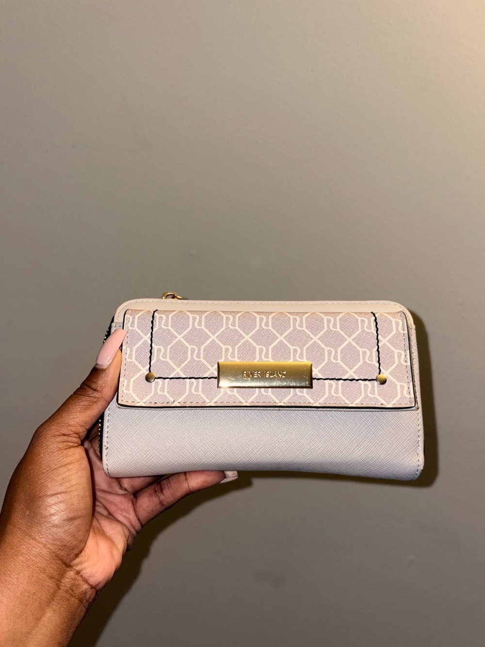 River Island Beige Patterned Zip-Around Wallet with Gold Plate